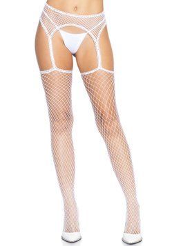 Чулки-сетка Leg Avenue Net stockings with garter belt One size White, пояс, подвязки SO8578 фото