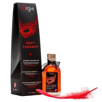 Набор для массажа Orgie &ndash; Sexy Therapy Strawberry (100 мл), съедобное разогревающее масло + перышко SX1507 фото