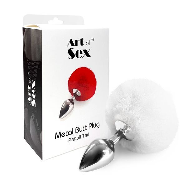 Металлическая анальная пробка М Art of Sex - Metal Butt plug Rabbit Tail White, диаметр 3,4 см SO6962 фото
