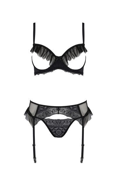 Комплект Passion KERRIA SET WITH OPEN BRA black, S/M, бюстгальтер з відкритою чашкою, стрінги, пояс для панчіх SX0495 фото