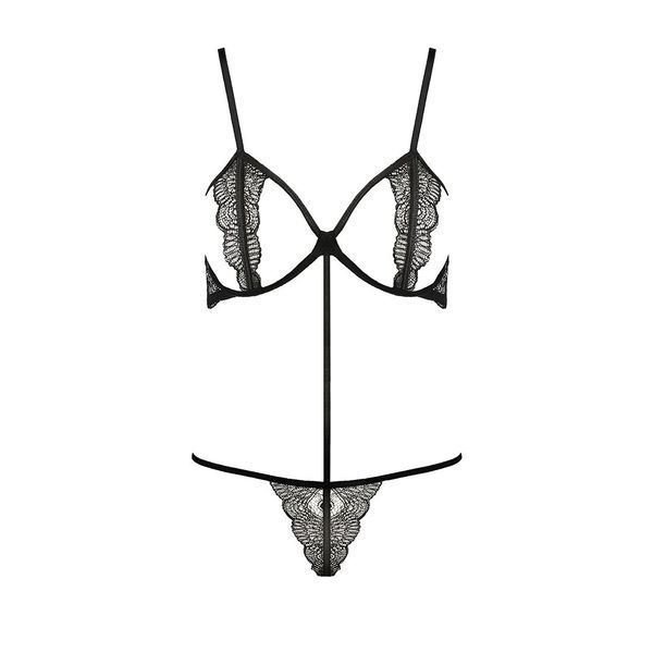 Комплект білизни Passion Exclusive QUENTRIS BIKINI XXL/XXXL, black, стрінги і напіввідкритий ліф PS26603 фото