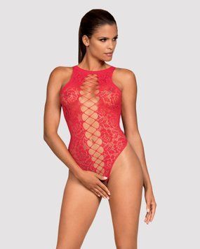 Ажурный бодистокинг с эффектом шнуровки Obsessive B120 teddy red S/M/L, красный SO7208 фото
