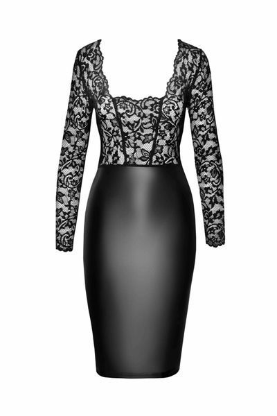 Платье Noir Handmade F295 Euphoria, XL, black, кружево, глубокое декольте, юбка миди под латекс SX0210 фото