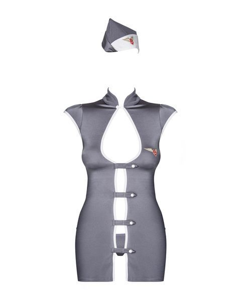 Эротический костюм стюардессы Obsessive Stewardess 3 pcs grey S/M, серый, платье, стринги, пилотка SO7308 фото
