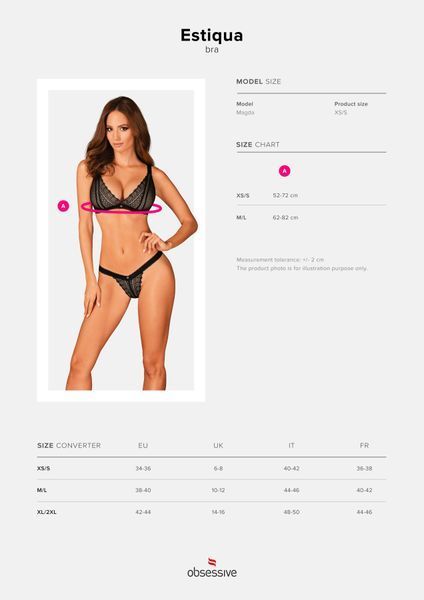 Кружевной бюстгальтер с треугольной чашкой Obsessive Estiqua bra M/L, черный, широкие лямки SO7259 фото