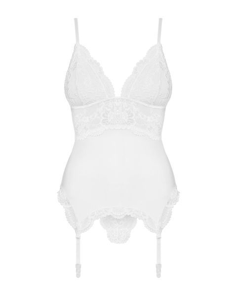 Сатиновий мереживний корсет Obsessive 810-COR-2 babydoll & thong L/XL, білий, корсет, танга SO7159 фото