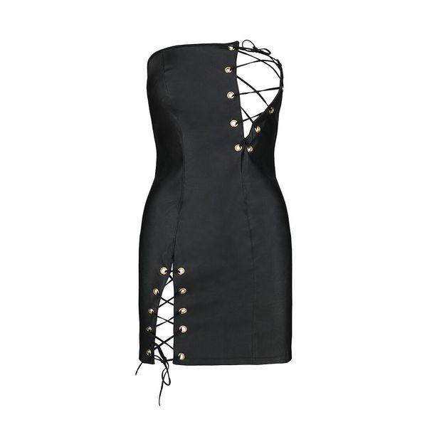 Мінісукня з екошкіри Passion CELINE CHEMISE S/M, black, шнурівка, трусики в комплекті SO6407 фото