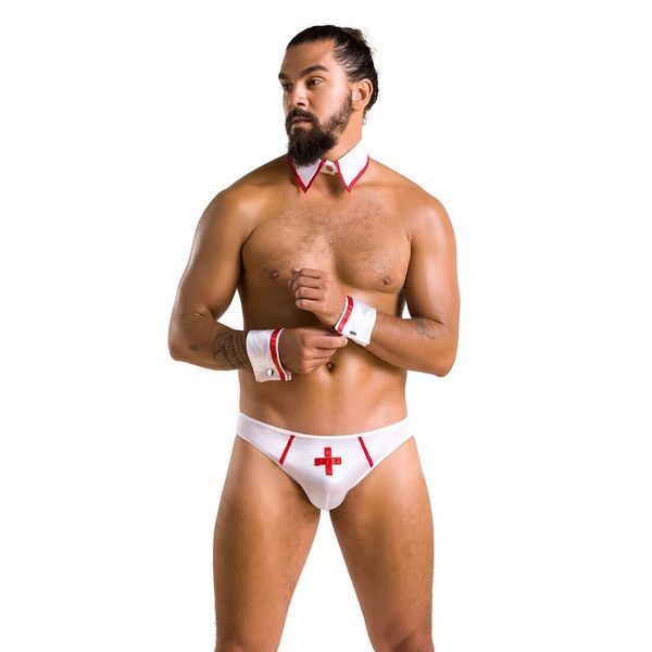 Комплект еротичної чоловічої білизни Passion 037 GREGORY XXL/XXXL White, труси, комірець, манжети SO7584 фото