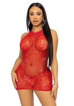 Платье-сетка со стразами Leg Avenue Rhinestone halter mini dress Red, открытая спина, one size SO7958 фото