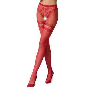 Сетчатые колготки с открытым доступом Passion S015 One Size, Red, имитация чулок и трусиков PSS015R фото