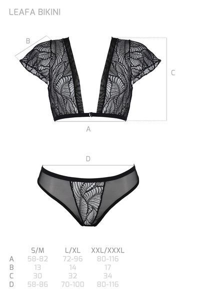 Комплект Passion LEAFA BIKINI black S/M, бюстгальтер-топ с рукавчиками, стринги-шортики с вырезом SX0498 фото