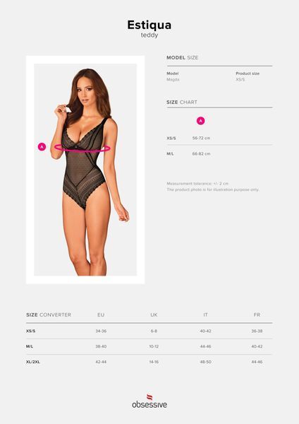 Кружевное боди с декольте Obsessive Estiqua teddy M/L, черное, широкие лямки SO7260 фото