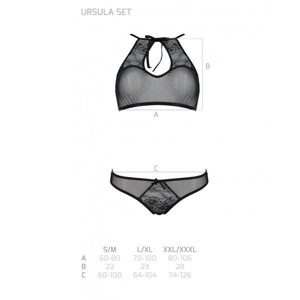 Комплект: бра, трусики с ажурным декором и открытым шагом Passion URSULA SET XXL/XXXL, black SO5843 фото