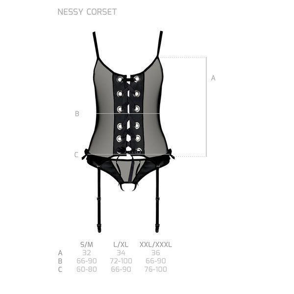 Корсет со шнуровкой Passion NESSY CORSET S/M black, стринги с открытым доступом, пажи для чулок SO8455 фото