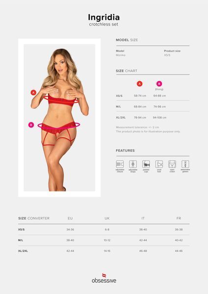 Комплект Obsessive Ingridia 2-pcs crotchless set XL/2XL, красный, с доступом, открытая грудь SO9033 фото
