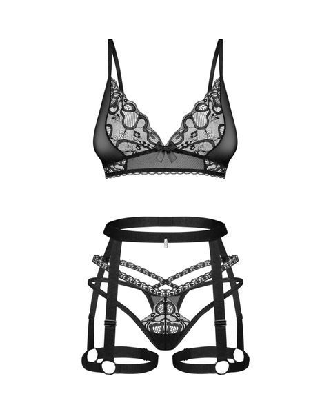Комплект Obsessive Blomentis 3-pcs set, XS/S, м&rsquo;який ліф, стрінги зі стрепами, пояс із гартерами SX1033 фото