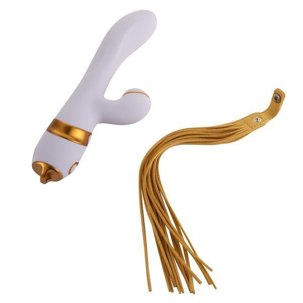 Вибратор-кролик с пульсацией и флоггером LOCKINK SEVANDA Whip Vibrating Massage Wand, бело-золотой SX0904 фото