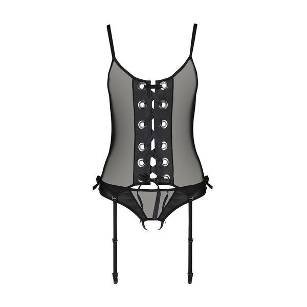 Корсет зі шнурівкою Passion NESSY CORSET XXL/XXXL black, стрінги з відкритим доступом, пажі для панч SO8456 фото