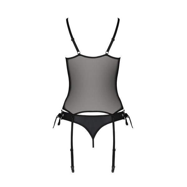 Корсет зі шнурівкою Passion NESSY CORSET XXL/XXXL black, стрінги з відкритим доступом, пажі для панч SO8456 фото
