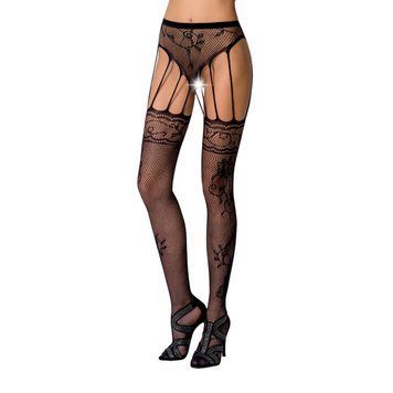 Сетчатые чулки-стокинги Passion S016 One Size, Black, имитация ажурного пояса с гартерами PSS016B фото