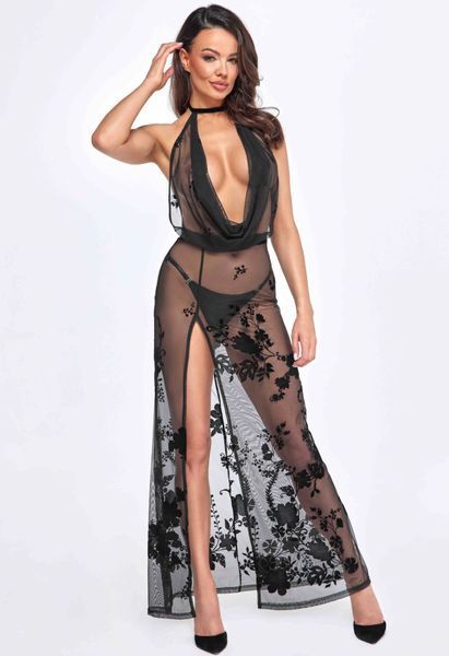 Платье Noir Handmade F312 Divinity, 3XL, black, прозрачное, в пол, открытая спина, разрез сбоку SX0314 фото