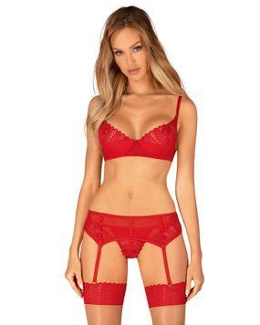 Комплект Obsessive Ingridia 3-pcs set XL/2XL, красный, бюстгальтер, стринги, пояс SO9035 фото
