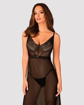 Полупрозрачная длинная сорочка Obsessive Estiqua chemise M/L, черный, ассиметричный крой SO7263 фото