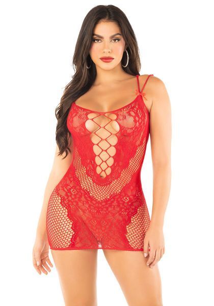 Платье Leg Avenue Lace and Net Mini Dress with Dual Strap One Size, Red SX1734 фото