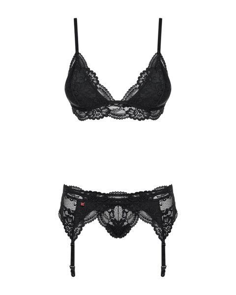 Мереживний комплект білизни Obsessive 810-SEG-1 S/M Black, бюстгальтер, стрінги, пояс для панчіх SO7163 фото