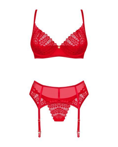 Комплект Obsessive Ingridia 3-pcs set XL/2XL, красный, бюстгальтер, стринги, пояс SO9035 фото