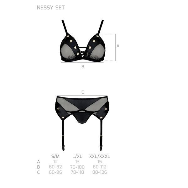 Комплект белья Passion NESSY SET S/M black, бюстгальтер, пояс для чулок, стринги SO8458 фото