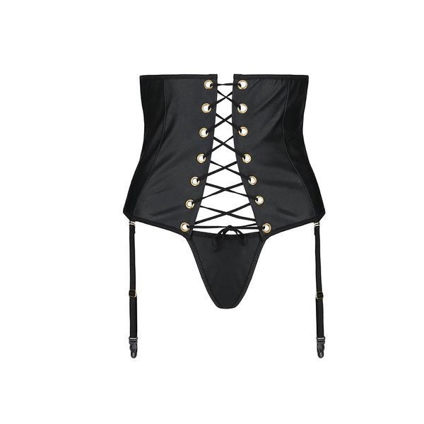 Пояс-корсет из экокожи Passion CELINE SET XXL/XXXL, black шнуровка, съемные пажи для чулок, стринги SO6411 фото