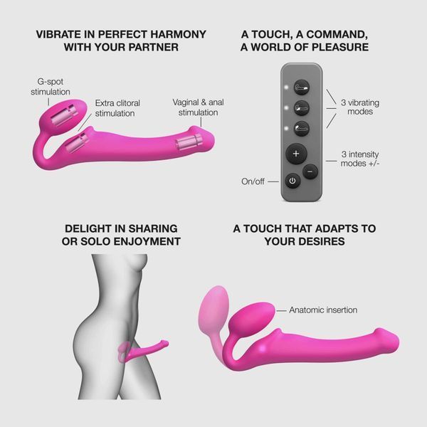 Безремневой страпон с вибрацией Strap-On-Me Vibrating Fuchsia L, диаметр 3,7 см, пульт ДУ, регулируемый SX2572 фото