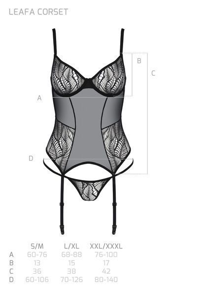Корсет Passion LEAFA CORSET black L/XL, мягкие чашки, зажимы для чулок, стринги в комплекте SX0503 фото