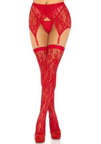 Комплект Leg Avenue Lace thigh highs & garterbelt, One Size, красный, чулки и пояс с пажами SX1060 фото