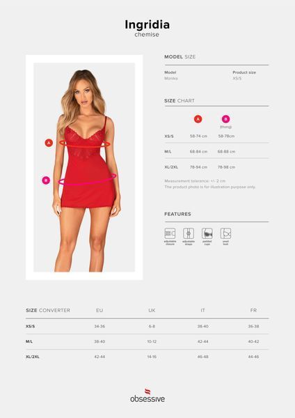 Пеньюар Obsessive Ingridia chemise & thong M/L, красный, сорочка, стринги SO9037 фото