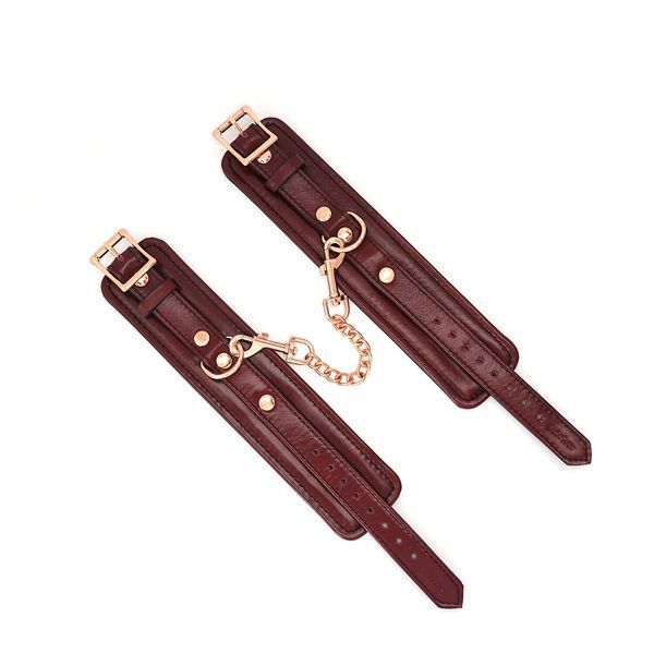 Кожаные наручники Liebe Seele Wine Red Wrist Cuffs, съемная цепочка-крепление SO9452 фото
