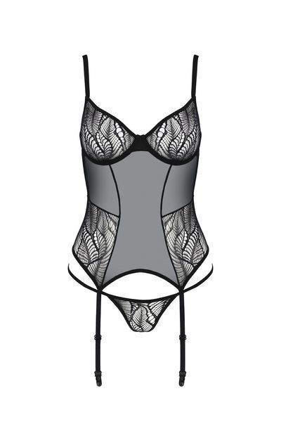 Корсет Passion LEAFA CORSET black S/M, м'які чашки, затискачі для панчіх, стрінги в комплекті SX0504 фото