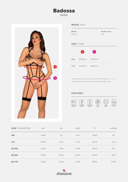 Боді зі стреп із доступом Obsessive Badossa crotchless teddy L/XL, чорний SO7216 фото
