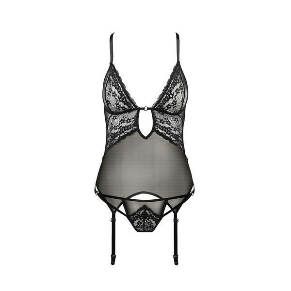 Корсет з декольте Passion ERZA CORSET XXL/XXXL, black, пажі, трусики, напівпрозорий PS26009 фото