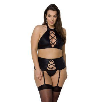 Комплект из экокожи Passion NANCY SET 6XL/7XL black, имитация шнуровки, топ, пояс для чулок SO7107 фото
