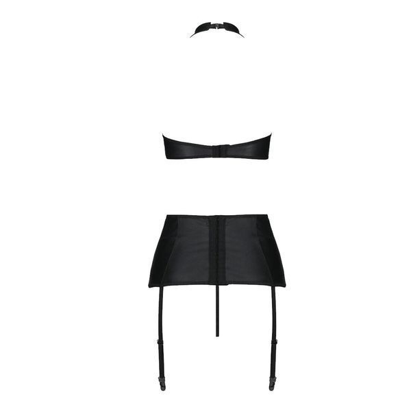 Комплект из экокожи Passion NANCY SET 6XL/7XL black, имитация шнуровки, топ, пояс для чулок SO7107 фото