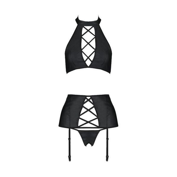 Комплект из экокожи Passion NANCY SET 6XL/7XL black, имитация шнуровки, топ, пояс для чулок SO7107 фото