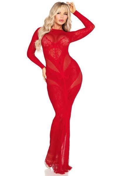 Платье Leg Avenue Lace and Net Bodycon Gown One Size, Red SX1738 фото