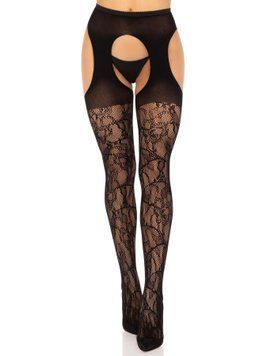 Стрип-колготки Leg Avenue Eyelet lace suspender hose, One Size, черные, ажурные, с открытым доступом SX1063 фото