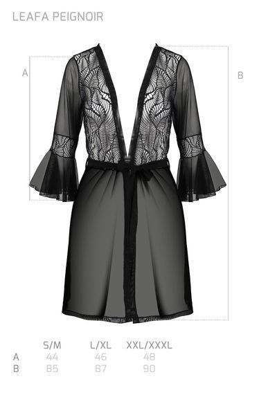 Пеньюар Passion LEAFA PEIGNOIR black, L/XL, довжина трохи вище коліна, широкі рукави, зав'язується на пояс SX0506 фото