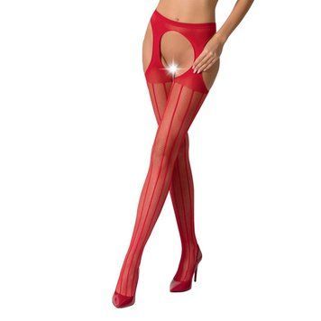 Сетчатые чулки-стокинги Passion S018 One Size, Red, имитация пояса, сетка с вертикальными полосками PSS018R фото