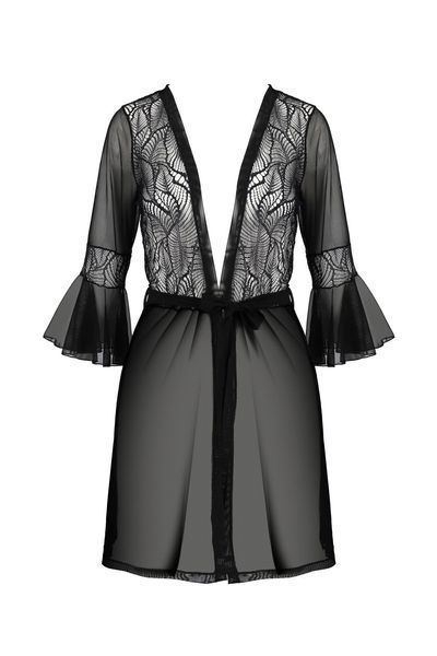 Пеньюар Passion LEAFA PEIGNOIR black S/M, длина чуть выше колена, широкие рукава, завязывается на пояс SX0507 фото