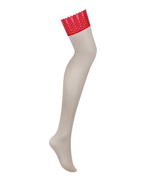 Чулки Obsessive Ingridia stockings M/L, бежевые с красной резинкой SO9041 фото