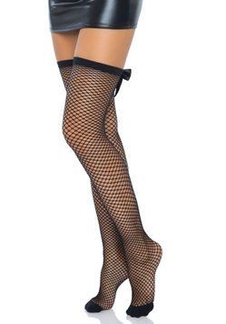 Чулки-сетка со швом сзади Leg Avenue Bow back seam thigh highs One size Black, атласный бант SO8600 фото